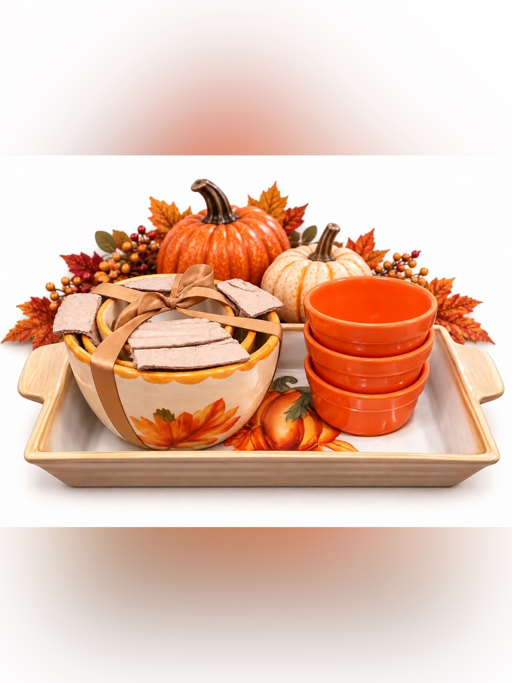 Fall Harvest Pumpkin Serving Set Platter Nested Bowls Ramekins 7 Pc Unused